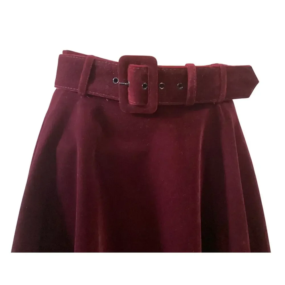 ModCloth collectif velvet swing skirt/A-Line belted midi skirt size S burgundy - Picture 4 of 9